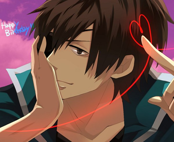 Anime picture 1100x900 with sengoku basara production i.g date masamune single short hair brown hair brown eyes sky hand on head heart of string boy heart eyepatch