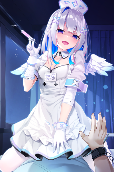 Anime picture 3000x4500 with virtual youtuber hololive amane kanata amane kanata (4th costume) shimo (shimo332215) long hair tall image looking at viewer blush fringe highres open mouth sitting purple eyes holding silver hair indoors blunt bangs braid (braids) :d