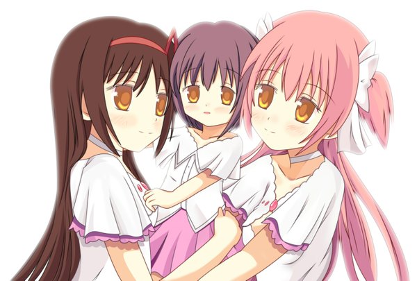 Anime picture 1400x947 with mahou shoujo madoka magica shaft (studio) akemi homura kaname madoka goddess madoka ototsu (nitta225) long hair black hair simple background smile white background multiple girls pink hair orange eyes girl dress 2 girls hairband child (children)