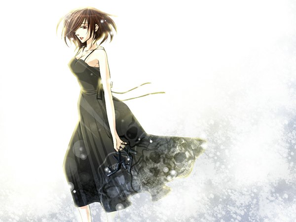 Anime picture 1024x768 with vocaloid meiko single fringe short hair red eyes brown hair white background bare shoulders holding hair over one eye shoes removed girl dress black dress sandals