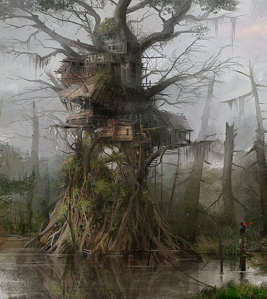 Anime picture 1005x1125 with original nacho yague tall image outdoors landscape fog plant (plants) tree (trees) building (buildings) stairs house roots swamp