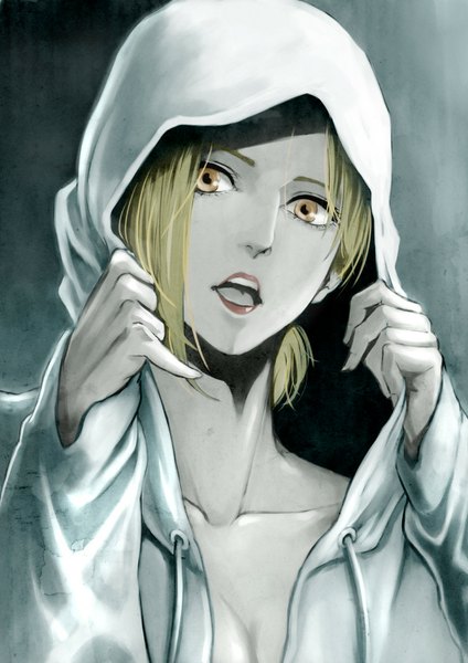 Anime picture 744x1052 with shingeki no kyojin production i.g annie leonhart tagme (artist) single tall image looking at viewer short hair open mouth blonde hair brown eyes upper body lips grey background lipstick red lipstick makeup adjusting hood girl hood