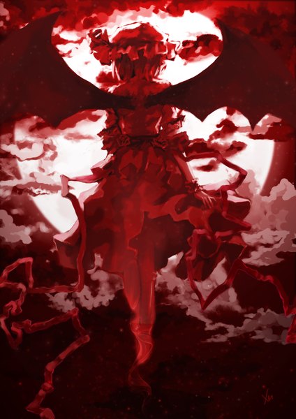 Anime picture 1240x1754 with touhou remilia scarlet kirigo (artist) tall image short hair sky cloud (clouds) from behind red background demon wings girl wings moon bonnet full moon