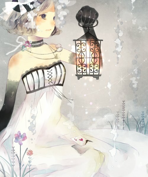 Anime picture 1000x1200 with original shigatsuya (artist) single tall image short hair brown hair sitting black eyes girl dress gloves flower (flowers) ribbon (ribbons) hat choker card (cards)