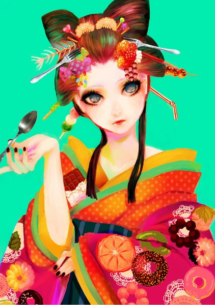 Anime picture 950x1350 with original sitry single long hair tall image blue eyes simple background brown hair traditional clothes japanese clothes polka dot skeleton girl food sweets kimono berry (berries) candy strawberry chocolate