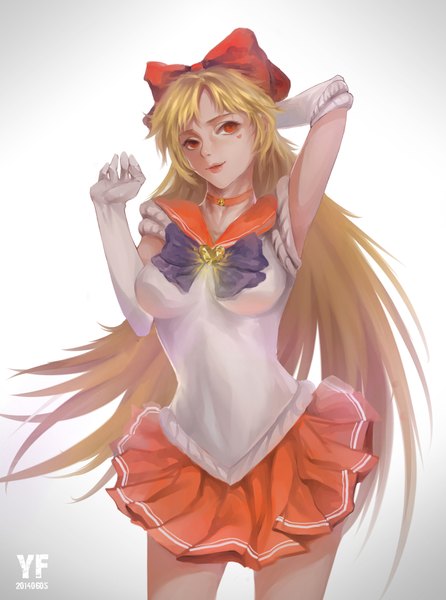 Anime picture 1354x1820 with bishoujo senshi sailor moon toei animation aino minako sailor venus yf (artist) single long hair tall image breasts blonde hair smile red eyes large breasts looking away pleated skirt wind tattoo facial mark arm behind head girl