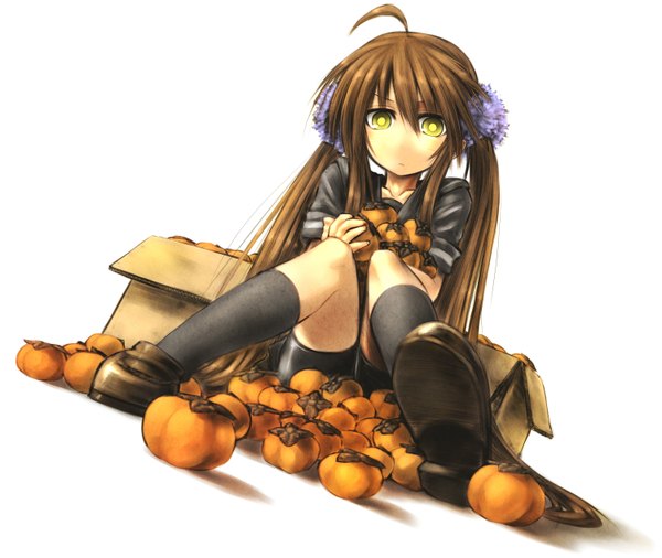Anime picture 3000x2534 with original chankodining waka single long hair highres brown hair twintails yellow eyes absurdres ahoge girl fruit box