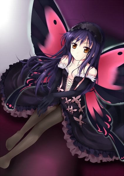Anime picture 2162x3072 with accel world sunrise (studio) kuroyukihime qiuzhi huiyi single long hair tall image highres black hair bare shoulders brown eyes insect wings butterfly wings girl dress gloves elbow gloves hairband