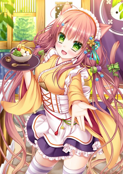 Anime picture 1200x1697 with original moe2015 shitou single long hair tall image looking at viewer blush open mouth brown hair green eyes animal ears tail animal tail cat ears cat girl cat tail wa maid girl thighhighs