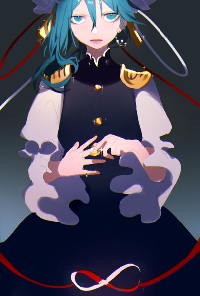 Anime picture 1000x1480 with touhou shikieiki yamaxanadu tian (my dear) single long hair tall image looking at viewer simple background hair between eyes aqua eyes aqua hair sparkle gradient background asymmetrical hair girl ribbon (ribbons) ring