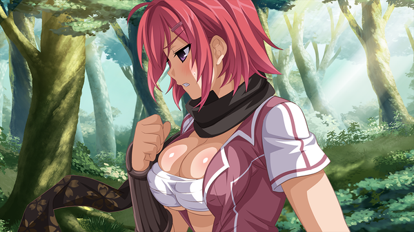 Anime picture 1280x720 with sakura spirit hikage narumi wanaca single blush short hair breasts light erotic wide image purple eyes pink hair game cg profile girl plant (plants) tree (trees) neckerchief