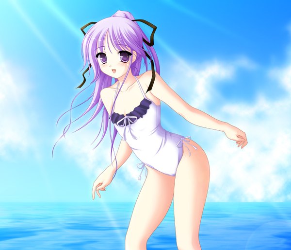 Anime picture 1400x1200 with happiness watarase jun purple eyes purple hair otoko no ko boy ribbon (ribbons) swimsuit water