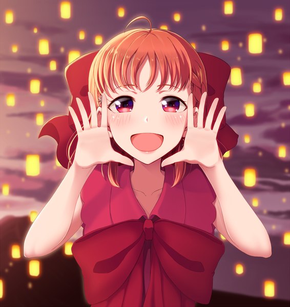 Anime picture 942x1000 with love live! sunshine!! sunrise (studio) love live! takami chika w3b (saviorw3b) single tall image looking at viewer blush fringe short hair open mouth smile red eyes upper body ahoge orange hair girl bow hair bow