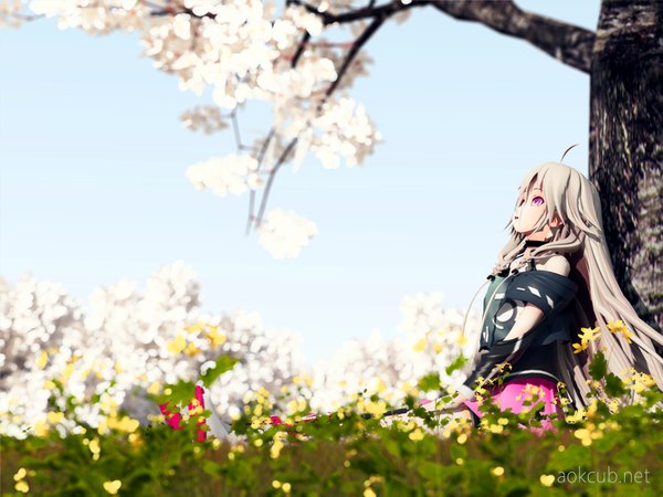 Anime picture 3840x2880 with vocaloid ia (vocaloid) aokcub single long hair highres open mouth blonde hair sitting signed absurdres sky ahoge braid (braids) very long hair parted lips profile pleated skirt pink eyes grey hair
