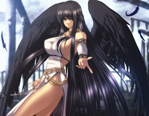 Anime picture 1195x933 with juri (shiningred) single long hair breasts light erotic black hair large breasts black eyes girl detached sleeves wings feather (feathers) suit