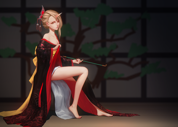 Anime picture 2803x2000 with original maredoro single looking at viewer highres short hair brown hair sitting brown eyes traditional clothes japanese clothes barefoot horn (horns) bare legs girl hair ornament kimono pipe kiseru