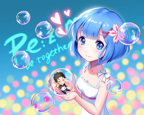 Anime picture 1300x1040 with re:zero kara hajimeru isekai seikatsu white fox rem (re:zero) natsuki subaru yin. looking at viewer blush fringe short hair blue eyes black hair smile sitting bare shoulders holding blue hair blunt bangs eyes closed hair flower from above