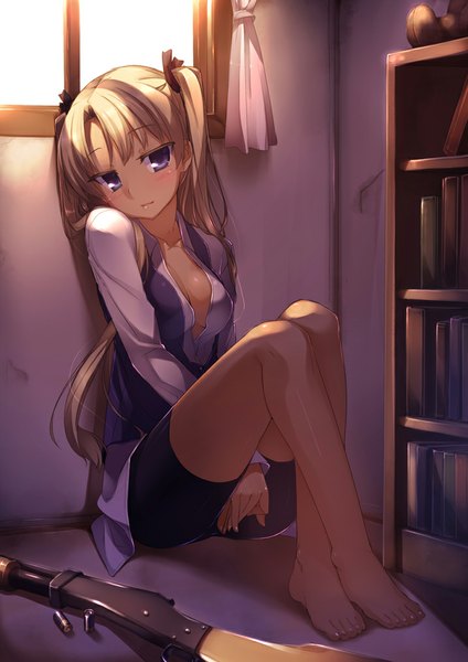 Anime picture 716x1012 with gunslinger girl madhouse triela racer (magnet) single long hair tall image looking at viewer blush blonde hair sitting twintails purple eyes sunlight girl ribbon (ribbons) weapon hair ribbon window gun