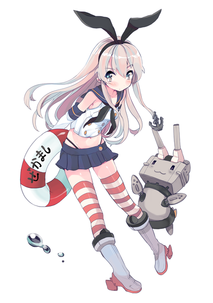 Anime picture 1000x1420 with kantai collection shimakaze destroyer rensouhou-chan senmen kinuko single long hair tall image looking at viewer blush simple background blonde hair white background yellow eyes hands behind back girl thighhighs skirt gloves bow hair bow