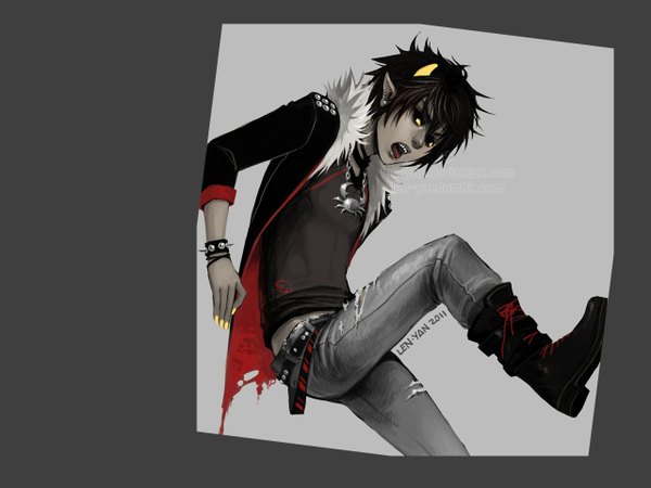 Anime picture 1280x960 with homestuck len-yan (artist) single looking at viewer short hair open mouth black hair yellow eyes nail polish horn (horns) grey background open clothes open jacket torn clothes framed boy earrings jacket bracelet belt