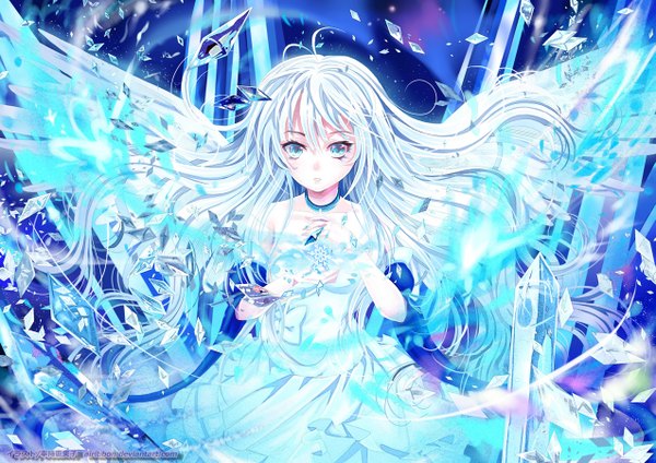 Anime picture 1273x900 with original airibbon (artist) single long hair looking at viewer blush fringe blue eyes standing white hair white wings girl dress ribbon (ribbons) wings white dress snowflake (snowflakes) crystal ice