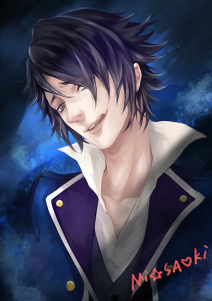 Anime picture 800x1131 with k-project gohands (studio) fushimi saruhiko dk (pixiv) single tall image looking at viewer fringe short hair blue eyes signed blue hair light smile hair over one eye realistic open collar licking boy tongue