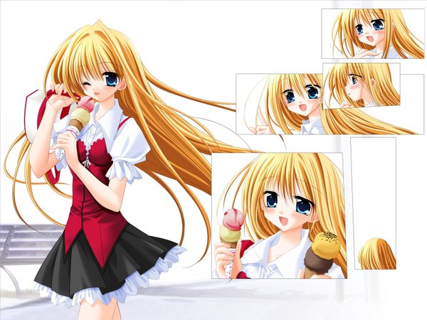 Anime picture 1600x1200 with re-laive kozue saeki sakurazawa izumi long hair blush open mouth blue eyes blonde hair white background looking away profile one eye closed wind wink wallpaper multiview soft beauty girl food sweets