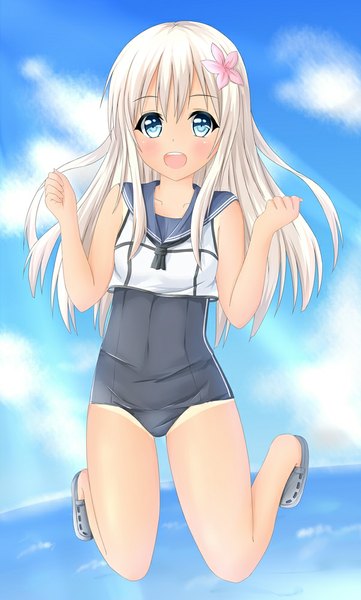 Anime picture 603x1000 with kantai collection ro-500 submarine tear yu single long hair tall image looking at viewer blush fringe open mouth smile white hair hair flower jumping girl hair ornament flower (flowers) swimsuit