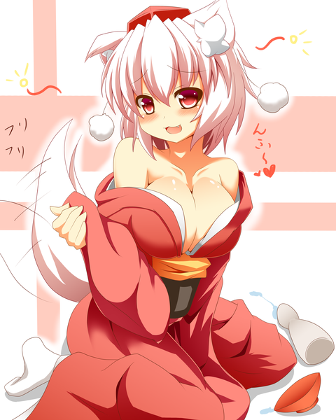 Anime picture 2000x2500 with touhou inubashiri momiji hajime (ak-r) single tall image blush highres short hair breasts open mouth light erotic red eyes large breasts animal ears white hair tail traditional clothes japanese clothes animal tail wolf ears
