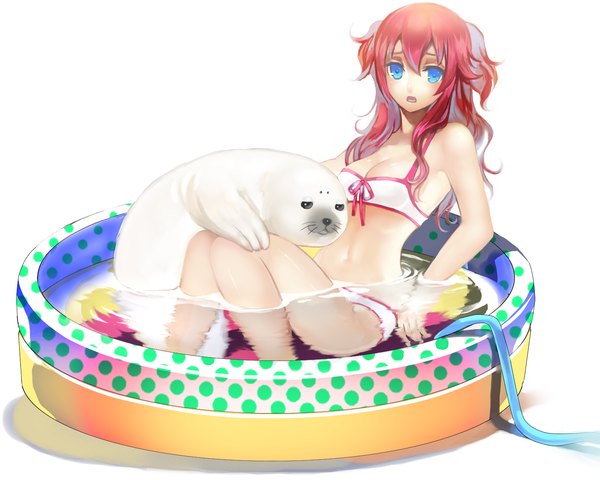 Anime picture 1500x1200 with original nicole pmonachi long hair looking at viewer breasts open mouth blue eyes simple background white background sitting red hair polka dot girl swimsuit animal water pool hose wading pool seal