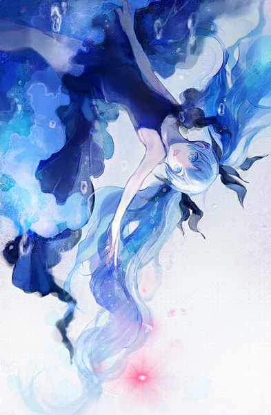 Anime picture 525x800 with vocaloid shinkai shoujo (vocaloid) hatsune miku hou (ppo) single tall image open mouth blue eyes twintails bare shoulders blue hair looking away very long hair outstretched arm underwater girl dress bow hair bow black dress