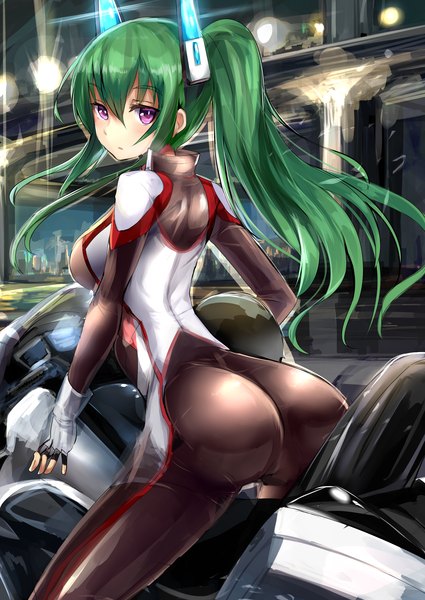 Anime picture 2149x3035 with original menou kaname haik single long hair tall image looking at viewer blush highres light erotic purple eyes ass ponytail green hair turning head borrowed character girl gloves headdress fingerless gloves