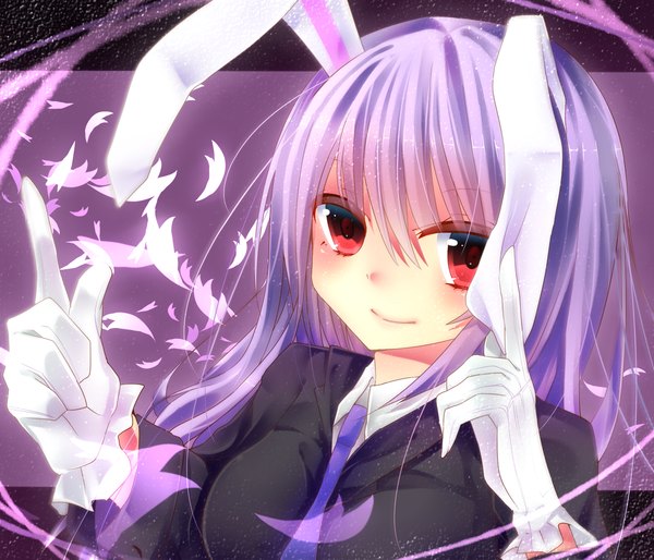 Anime picture 1400x1200 with touhou reisen udongein inaba shikke (1877944) single long hair looking at viewer red eyes purple hair bunny ears bunny girl girl gloves petals