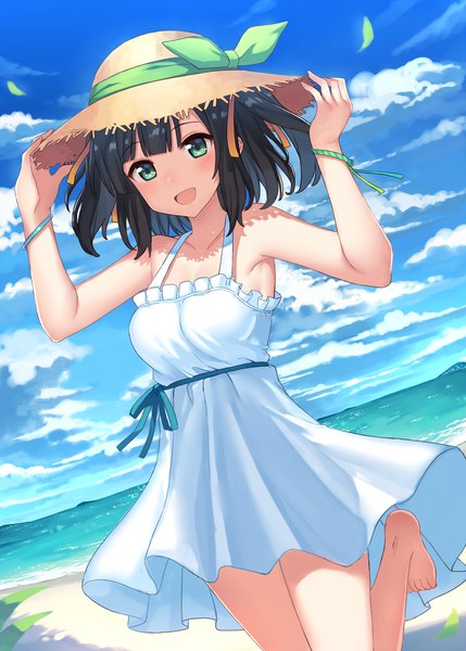 Anime picture 1572x2200 with original moe2018 hajime kaname single tall image looking at viewer short hair black hair bare shoulders green eyes sky cloud (clouds) two side up beach adjusting hat girl dress ribbon (ribbons) hair ribbon hat