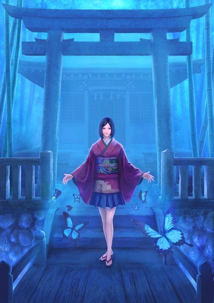 Anime picture 1447x2047 with original ebi furai (erhu112) single tall image short hair black hair traditional clothes japanese clothes black eyes night girl skirt miniskirt kimono insect butterfly torii