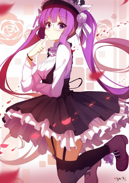 Anime picture 800x1131 with original riki-to single long hair tall image looking at viewer twintails purple eyes purple hair girl thighhighs dress black thighhighs hat petals glasses boots