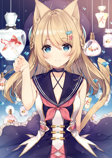 Anime picture 600x847 with original necomi (gussan) single long hair tall image looking at viewer blush fringe blue eyes blonde hair smile hair between eyes animal ears upper body ahoge tail animal tail light smile cat ears cat tail