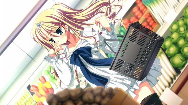 Anime picture 1024x576 with uni. special limited edition (game) long hair blush blonde hair wide image green eyes game cg girl dress