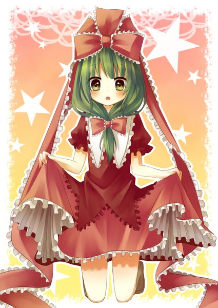 Anime picture 1000x1412 with touhou kagiyama hina amane kurumi single long hair tall image blush fringe open mouth green eyes green hair :o kneeling girl dress ribbon (ribbons) hair ribbon frills star (symbol) red dress