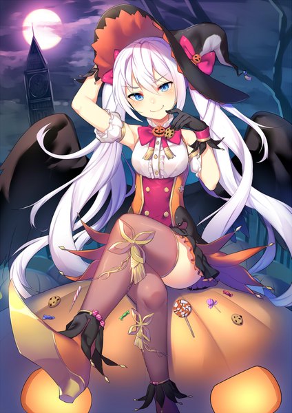 Anime picture 1415x2000 with original alexmaster single long hair tall image looking at viewer blush blue eyes smile twintails white hair halloween girl thighhighs dress gloves hat wings black gloves moon