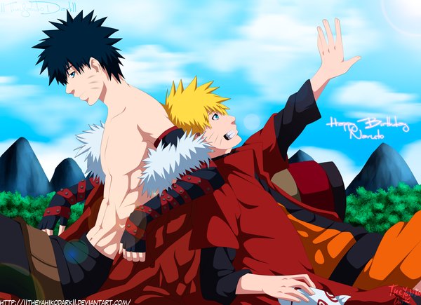 Anime picture 2000x1453 with naruto studio pierrot naruto (series) uzumaki naruto menma (naruto) iitheyahikodarkii looking at viewer highres short hair blue eyes black hair blonde hair smile cloud (clouds) profile inscription open clothes open jacket multiple boys coloring