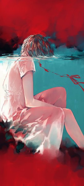 Anime picture 700x1547 with original futami jun single tall image short hair brown hair short sleeves underwater girl dress ribbon (ribbons) water white dress blood