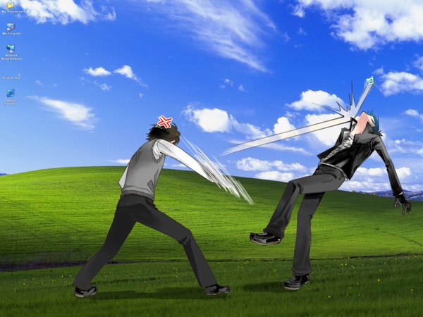 Anime picture 1600x1200 with katekyou hitman reborn windows (operating system) hibari kyouya rokudo mukuro blue hair cloud (clouds) angry battle field anger vein gloves desktop