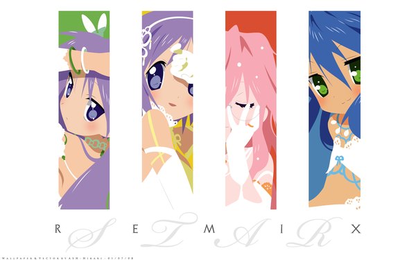 Anime picture 1920x1200 with lucky star kaleido star kyoto animation gonzo izumi konata hiiragi kagami hiiragi tsukasa takara miyuki horiguchi yukiko ash-hikari long hair blush highres short hair blue eyes wide image bare shoulders green eyes blue hair pink hair