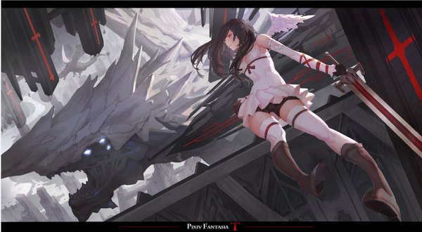 Anime picture 1630x897 with original pixiv fantasia pixiv fantasia t zxq long hair fringe open mouth black hair smile wide image bare shoulders looking away long sleeves pink eyes teeth bare belly from below fang (fangs) flying white wings