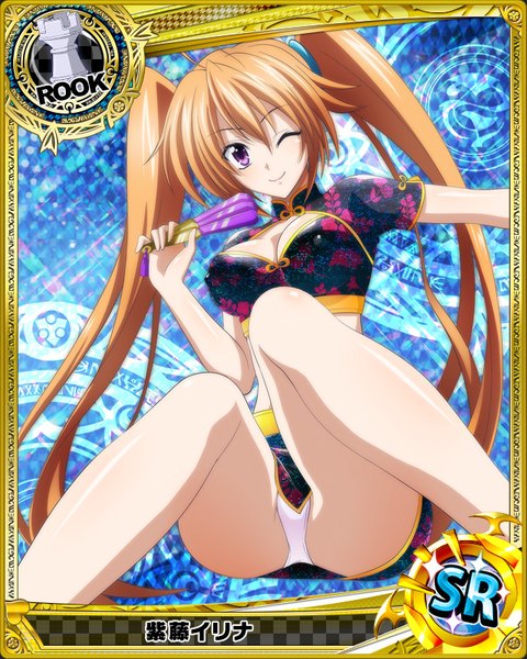 Anime picture 640x800 with highschool dxd shidou irina single tall image looking at viewer light erotic smile brown hair twintails purple eyes very long hair traditional clothes one eye closed wink chinese clothes card (medium) girl underwear panties chinese dress