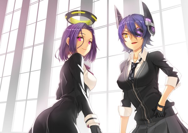 Anime picture 1200x848 with kantai collection tenryuu light cruiser tatsuta light cruiser deras short hair open mouth purple eyes multiple girls yellow eyes blue hair purple hair girl gloves hair ornament 2 girls black gloves halo