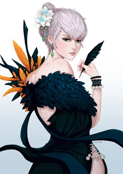 Anime picture 1240x1754 with original shadowjwu single tall image fringe short hair simple background hair between eyes bare shoulders green eyes signed looking away silver hair upper body nail polish looking back hair flower fingernails from behind hair bun (hair buns)