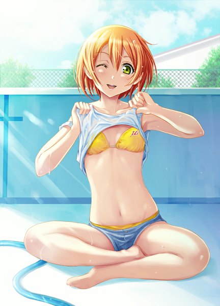 Anime picture 720x1000 with love live! school idol project sunrise (studio) love live! hoshizora rin shian (my lonly life.) single tall image looking at viewer short hair open mouth light erotic smile sitting green eyes cloud (clouds) one eye closed barefoot wink sunlight orange hair