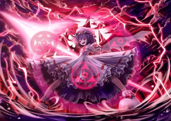 Anime picture 1200x848 with touhou remilia scarlet hyuuga azuri short hair red eyes purple hair nail polish fingernails magic long fingernails bat wings girl dress beret magic circle spear the gungnir scarlet devil mansion